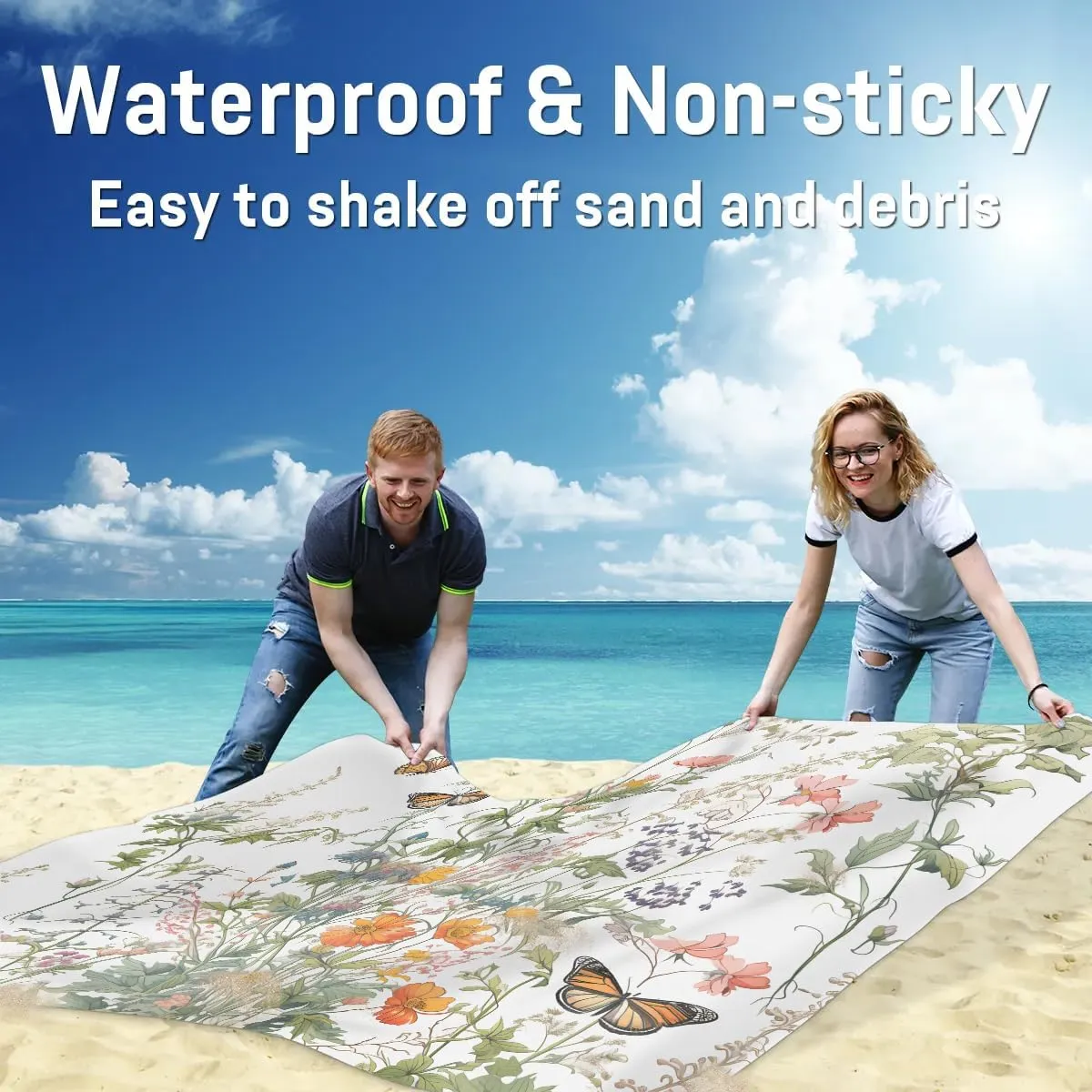 Wild Flowers Beach Blanket, Sandproof Beach Mat, 68 x 59 Waterproof Quick Drying Sand Free Mat with 4 x Ground Spikes for Outdoor Travel Camping Hiking, Wildflower Summer