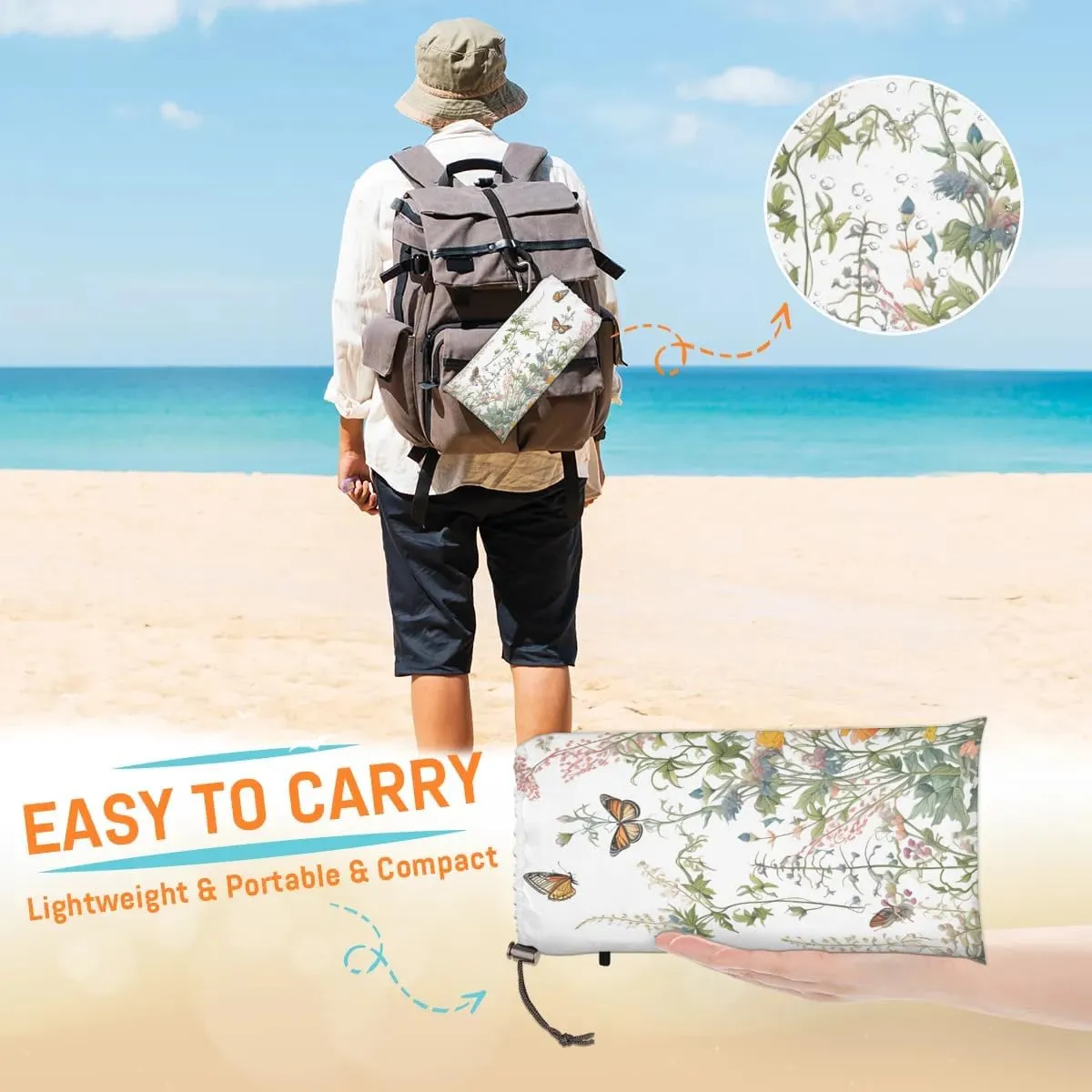 Wild Flowers Beach Blanket, Sandproof Beach Mat, 68 x 59 Waterproof Quick Drying Sand Free Mat with 4 x Ground Spikes for Outdoor Travel Camping Hiking, Wildflower Summer