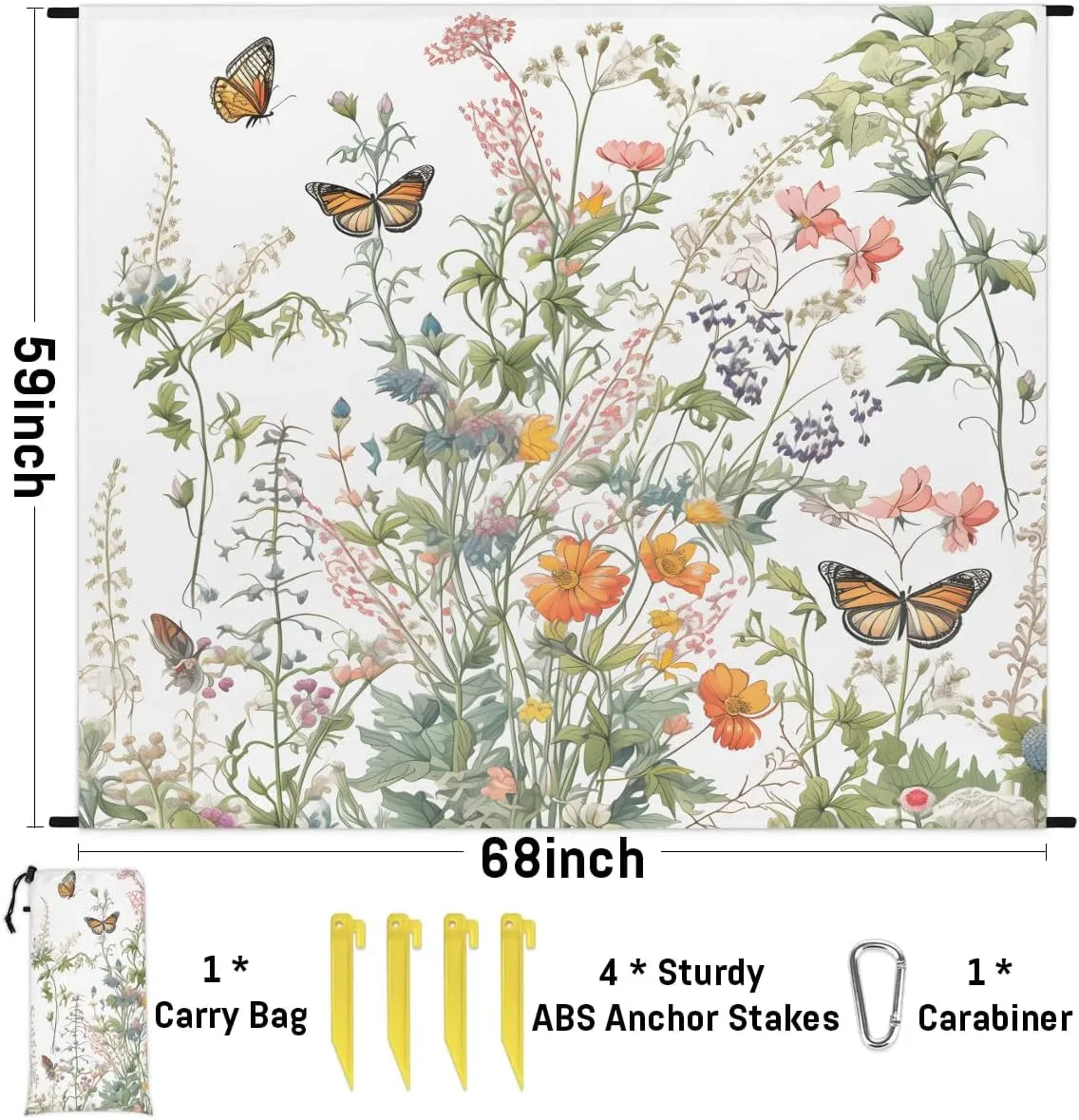 Wild Flowers Beach Blanket, Sandproof Beach Mat, 68 x 59 Waterproof Quick Drying Sand Free Mat with 4 x Ground Spikes for Outdoor Travel Camping Hiking, Wildflower Summer