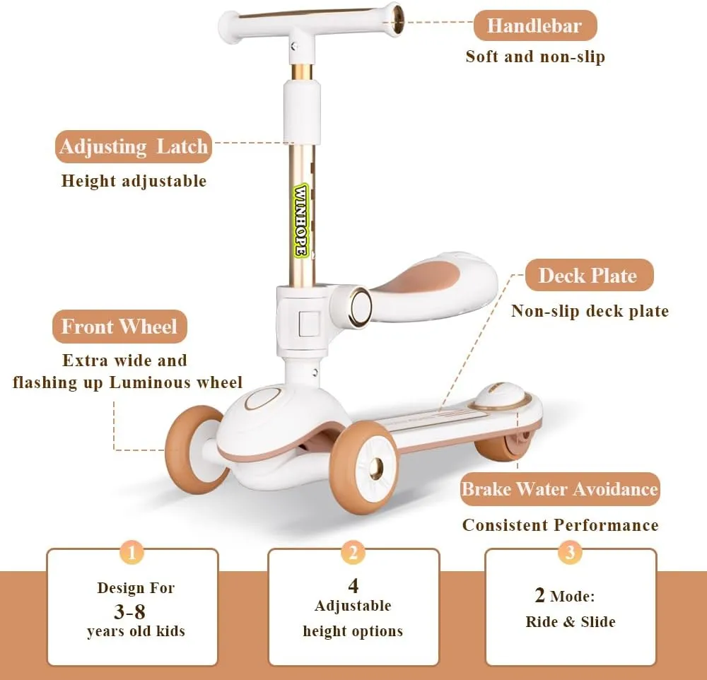 Winhope Kick Scooter for Kids, 2-in-1 Kick Scooter with Wide Deck,Folding 3 Wheel Children Scooter Outdoor Ride-On Toys for Boy Girl Aged 3-8