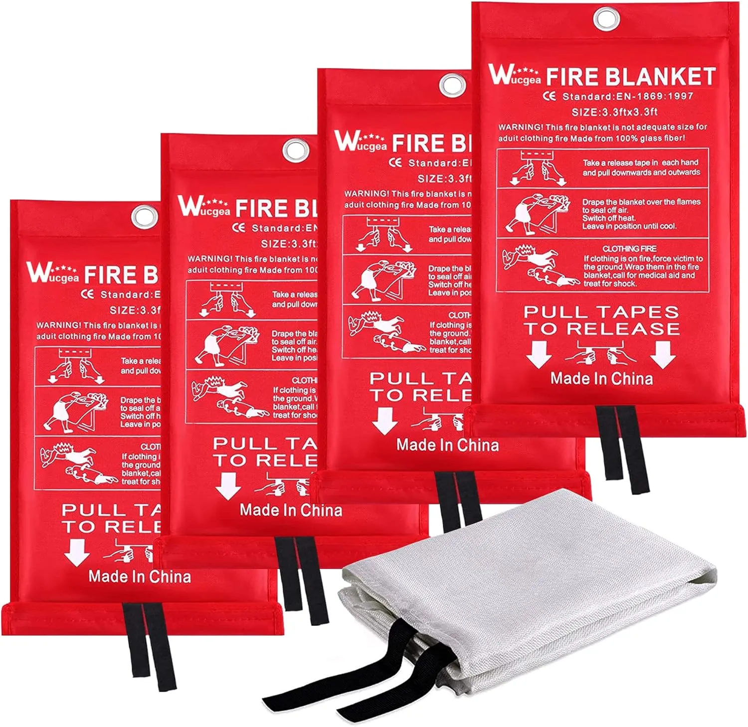 Wucgea Fire Blanket for Home and Kitchen - 4 pack Safety Fiberglass Emergency Fire Blankets Suppression Flame Retardant for School Fireplace Grill Car Office Garage Welding Warehouse 3.3ft x 3.3ft