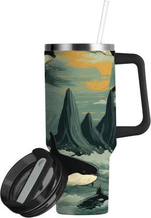 xigua 40 oz Orca Whales Tumbler with Handle and Straw Lid, Stainless Steel Vacuum Insulated Sports Water Bottle, Keeps Cold or Hot Coffee Cup Travel Mug