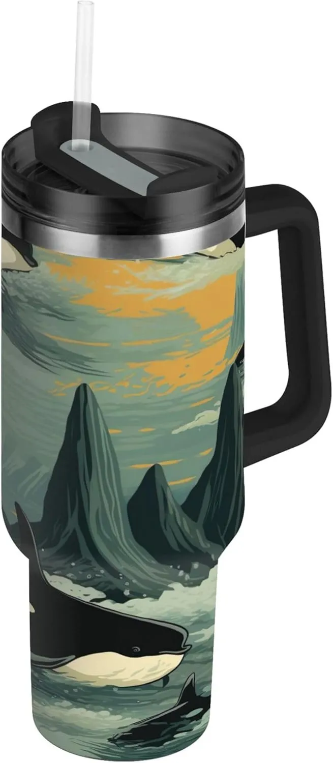 xigua 40 oz Orca Whales Tumbler with Handle and Straw Lid, Stainless Steel Vacuum Insulated Sports Water Bottle, Keeps Cold or Hot Coffee Cup Travel Mug