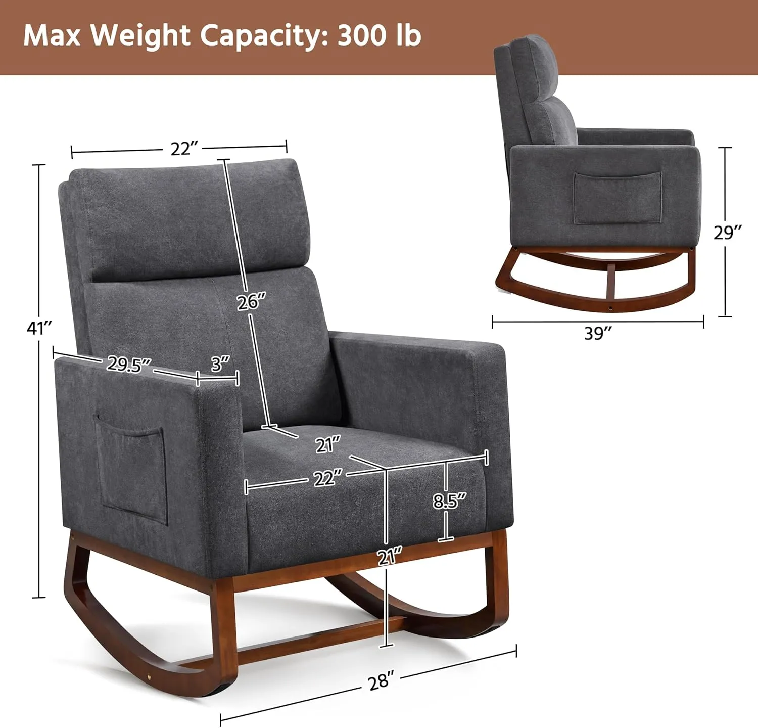 Yaheetech Rocking Chair, Upholstered Glider Chair with Side Pocket, Nursery Chair with High Backrest and Rubber Wood Legs, Rocking Accent Armchair for Living Room Bedroom Nursery, Gray
