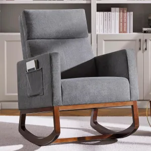 Yaheetech Rocking Chair, Upholstered Glider Chair with Side Pocket, Nursery Chair with High Backrest and Rubber Wood Legs, Rocking Accent Armchair for Living Room Bedroom Nursery, Gray
