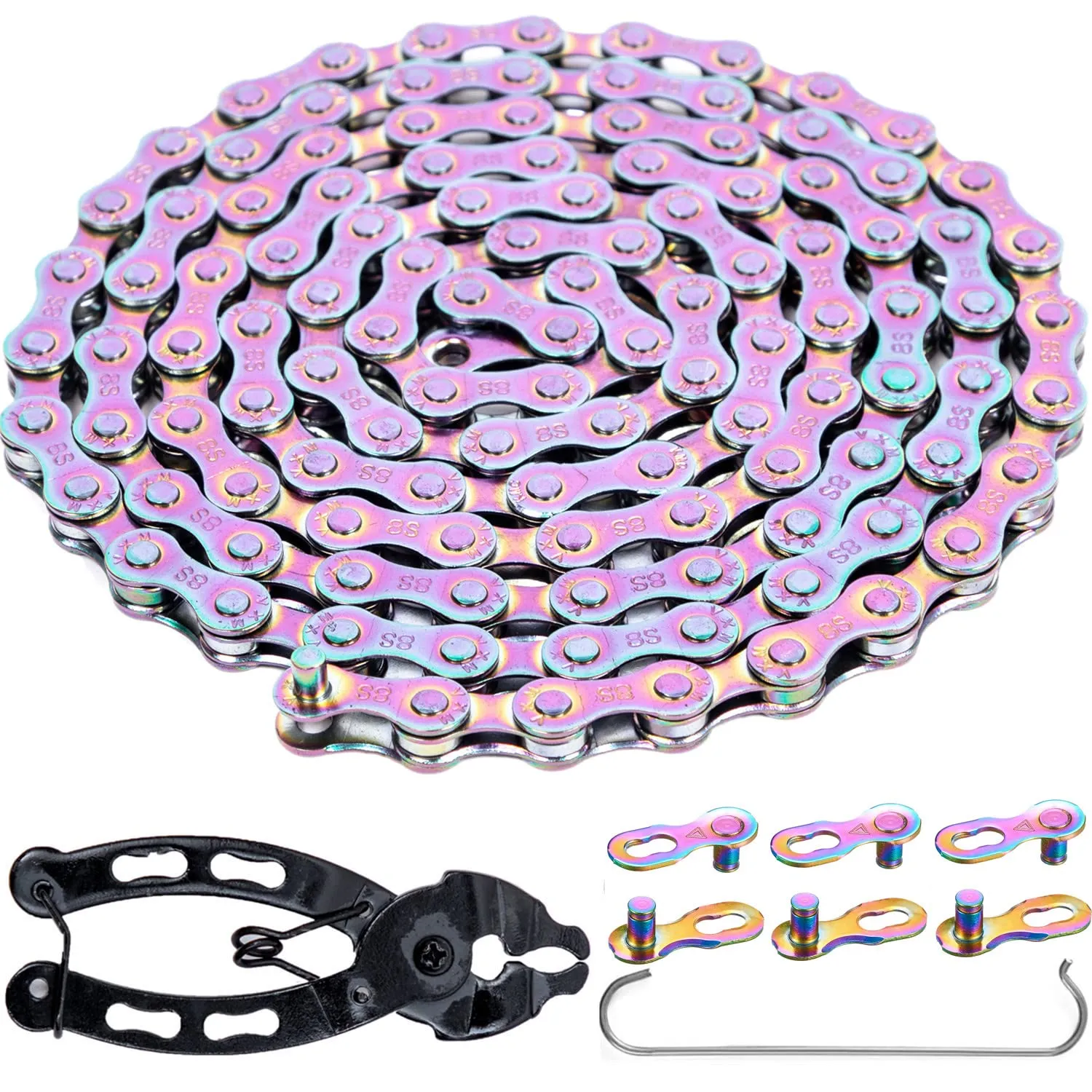 YBEKI 6/7/8/9/10/11 Speed Carbon Steel Bike Chain with Full Silver Plating, 116 Links, 3 Extra Master Links & Chain Tool - Compatible with Shimano/SRAM Mountain, Road (6/7/8 Speed, Multicolour, 1)