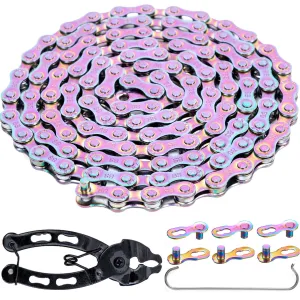 YBEKI 6/7/8/9/10/11 Speed Carbon Steel Bike Chain with Full Silver Plating, 116 Links, 3 Extra Master Links & Chain Tool - Compatible with Shimano/SRAM Mountain, Road (6/7/8 Speed, Multicolour, 1)