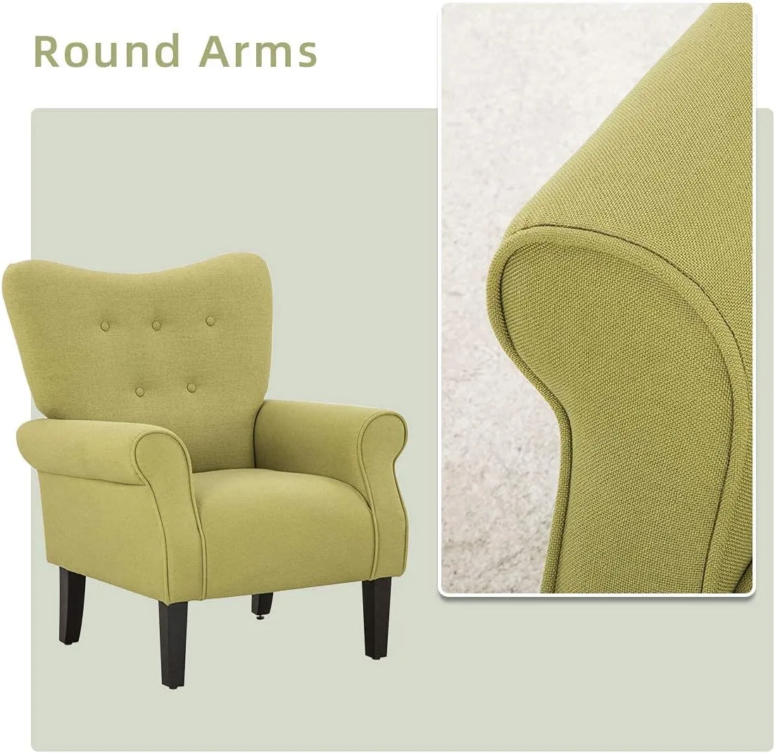 YOLENY Modern Accent Chair,High Back Armchair,Upholstered Fabric Button Single Sofa with Wooden Legs for Living Room,Bedroom,Club,Green