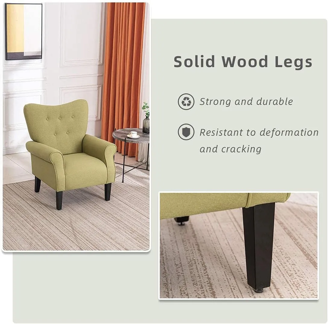 YOLENY Modern Accent Chair,High Back Armchair,Upholstered Fabric Button Single Sofa with Wooden Legs for Living Room,Bedroom,Club,Green