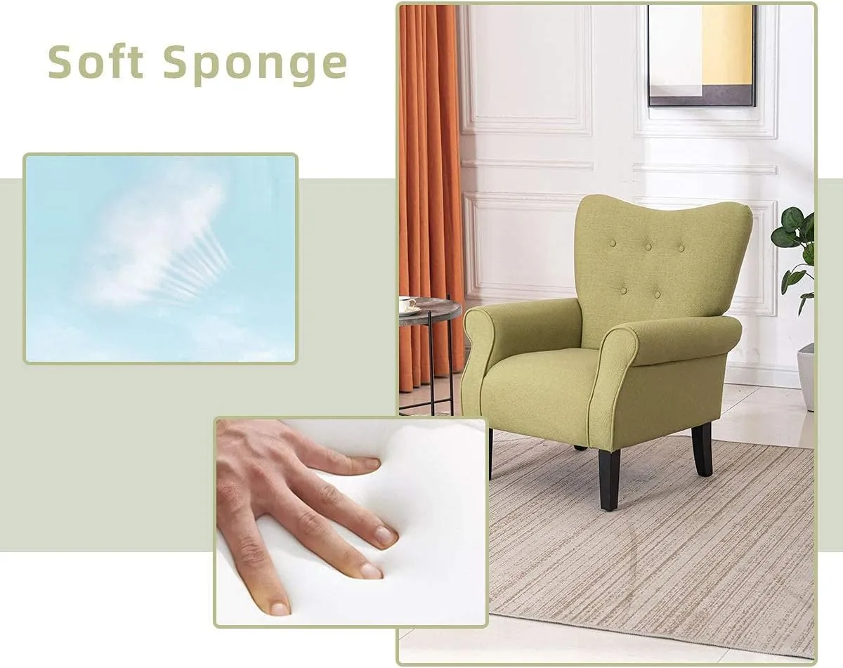 YOLENY Modern Accent Chair,High Back Armchair,Upholstered Fabric Button Single Sofa with Wooden Legs for Living Room,Bedroom,Club,Green