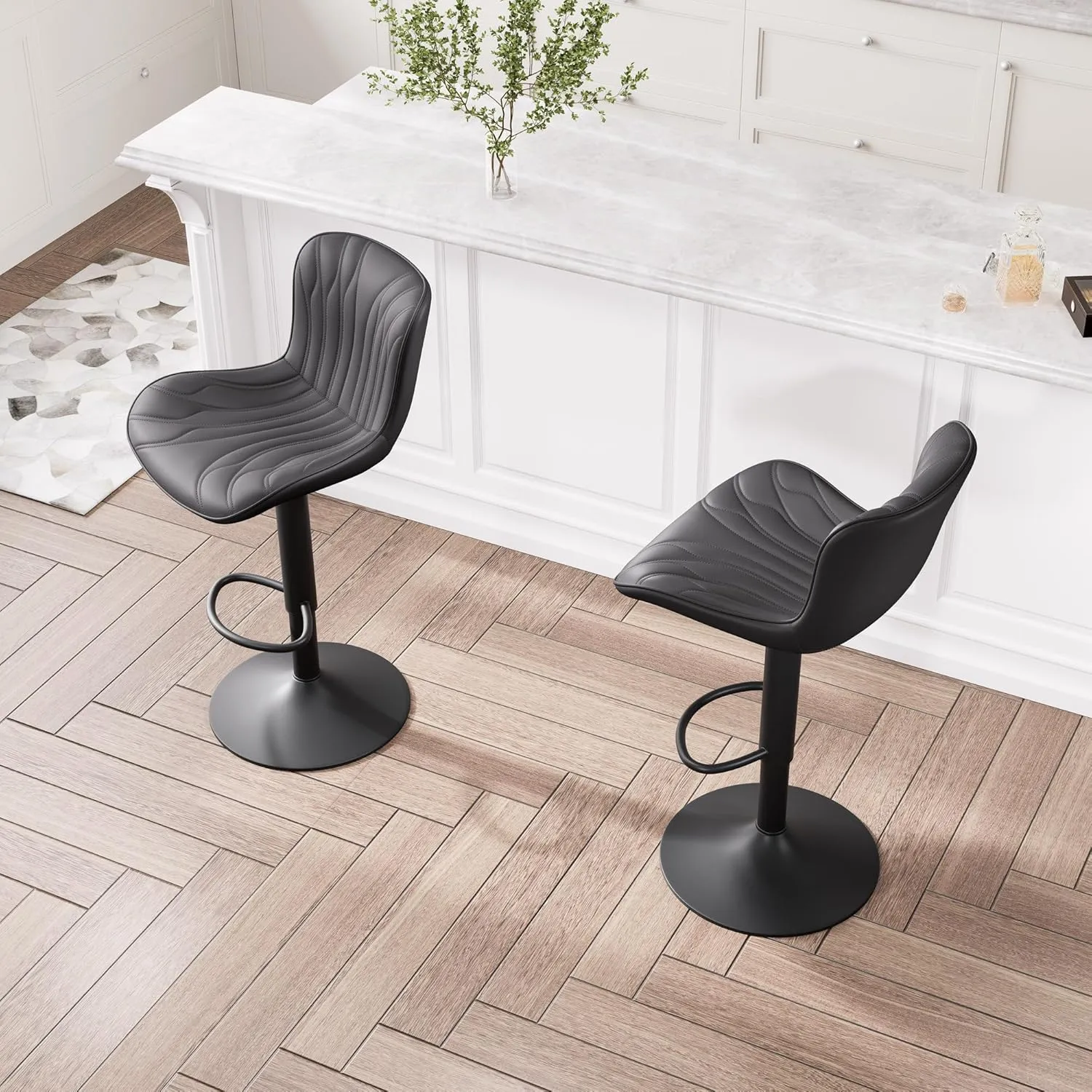 YOUNIKE Black Bar Stools Set of 2 Upholstered Modern Swivel Counter Height Bar Chair with Back Adjustable Kitchen Island Tall Faux Leather Padded Barstools Metal Breakfast
