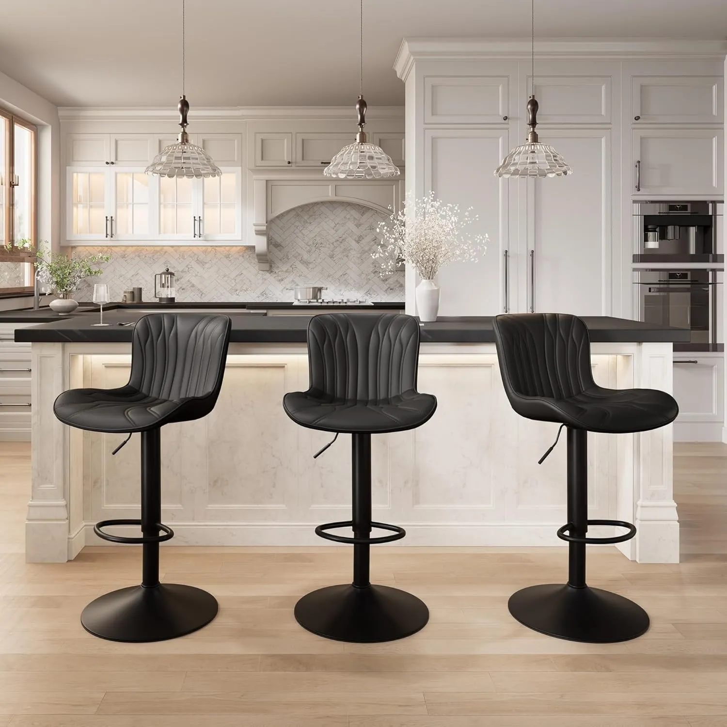 YOUNIKE Black Bar Stools Set of 2 Upholstered Modern Swivel Counter Height Bar Chair with Back Adjustable Kitchen Island Tall Faux Leather Padded Barstools Metal Breakfast