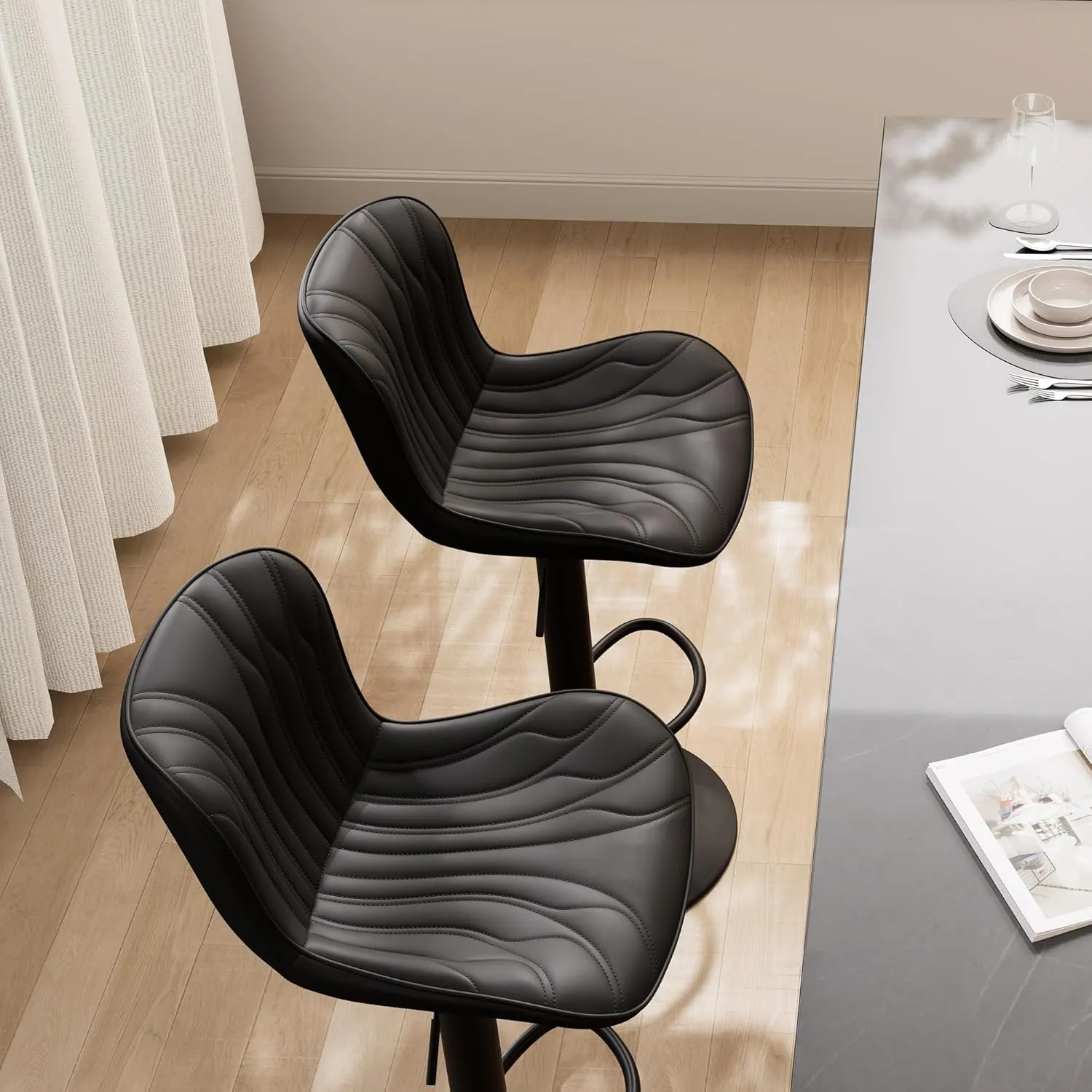 YOUNIKE Black Bar Stools Set of 2 Upholstered Modern Swivel Counter Height Bar Chair with Back Adjustable Kitchen Island Tall Faux Leather Padded Barstools Metal Breakfast