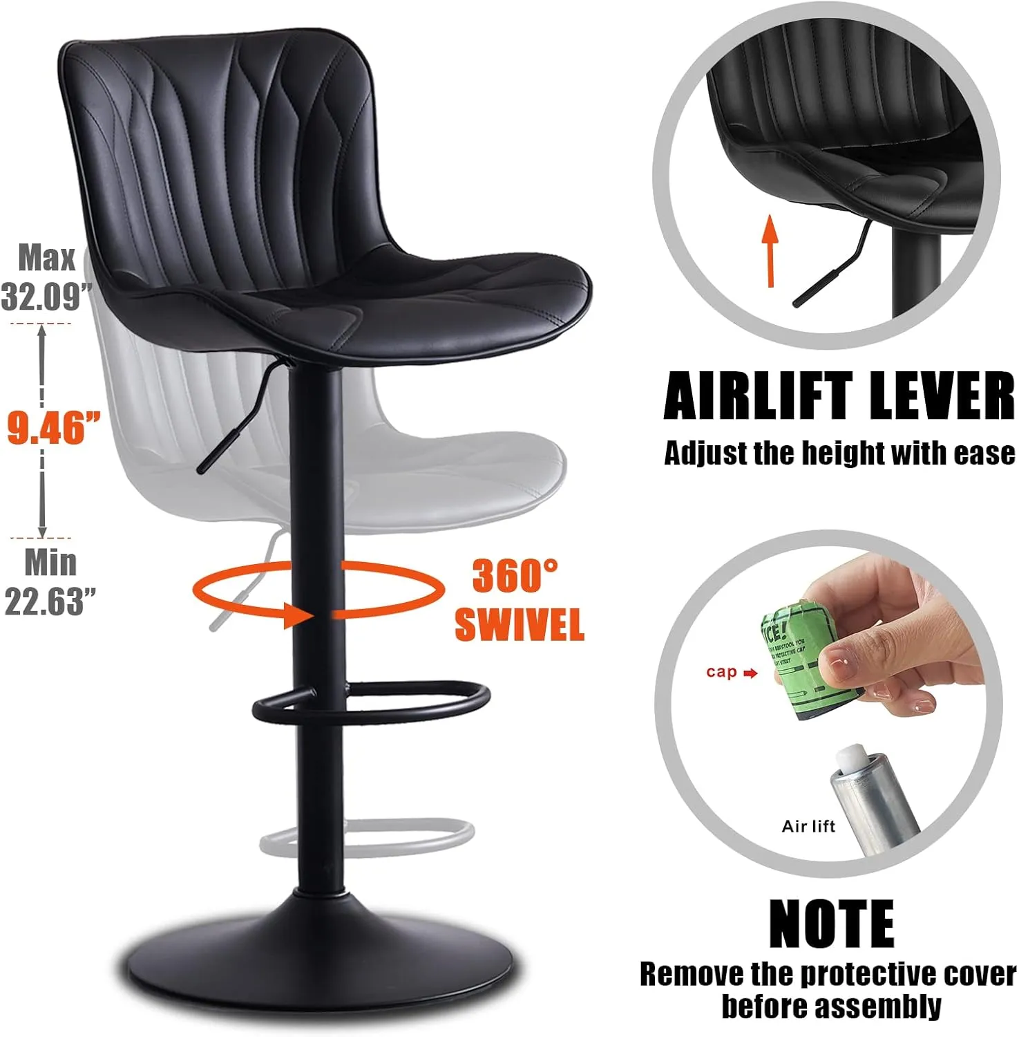 YOUNIKE Black Bar Stools Set of 2 Upholstered Modern Swivel Counter Height Bar Chair with Back Adjustable Kitchen Island Tall Faux Leather Padded Barstools Metal Breakfast