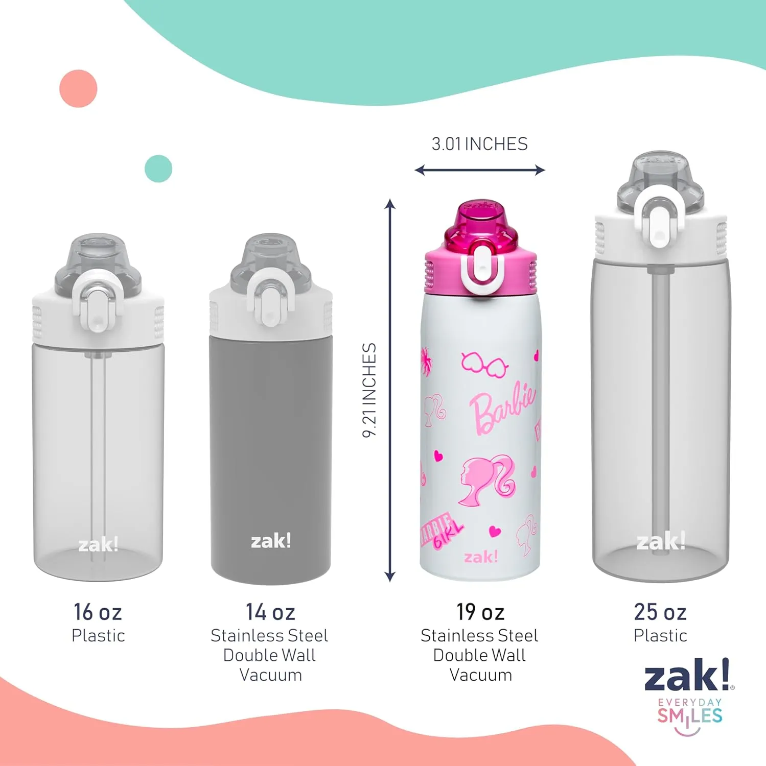 Zak Designs Barbie Sage Kids Water Bottle For School or Travel, 19oz Stainless Steel Water Bottle With Straw, Handle, and Leak-Proof, Pop-Up Spout Cover (Barbie)
