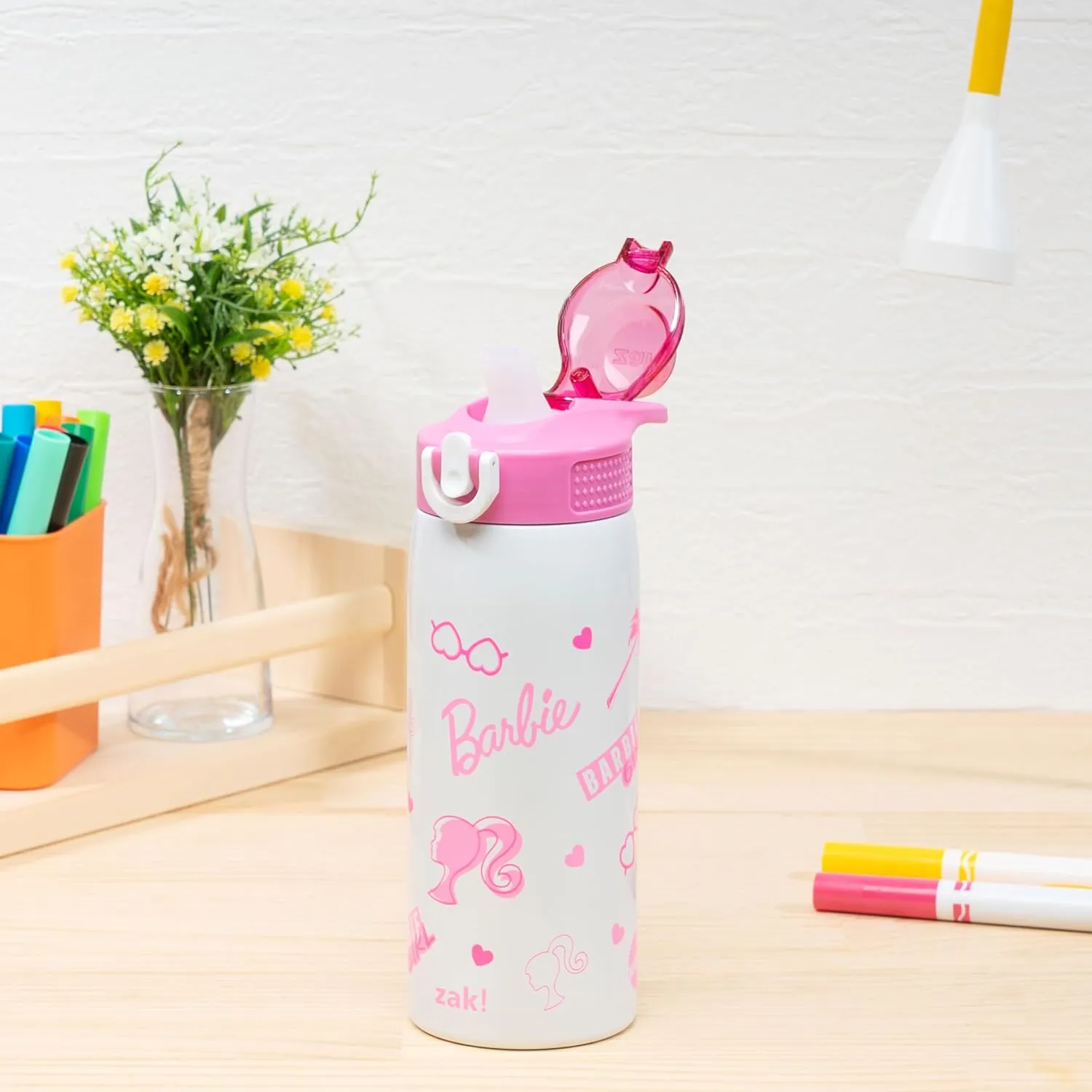 Zak Designs Barbie Sage Kids Water Bottle For School or Travel, 19oz Stainless Steel Water Bottle With Straw, Handle, and Leak-Proof, Pop-Up Spout Cover (Barbie)