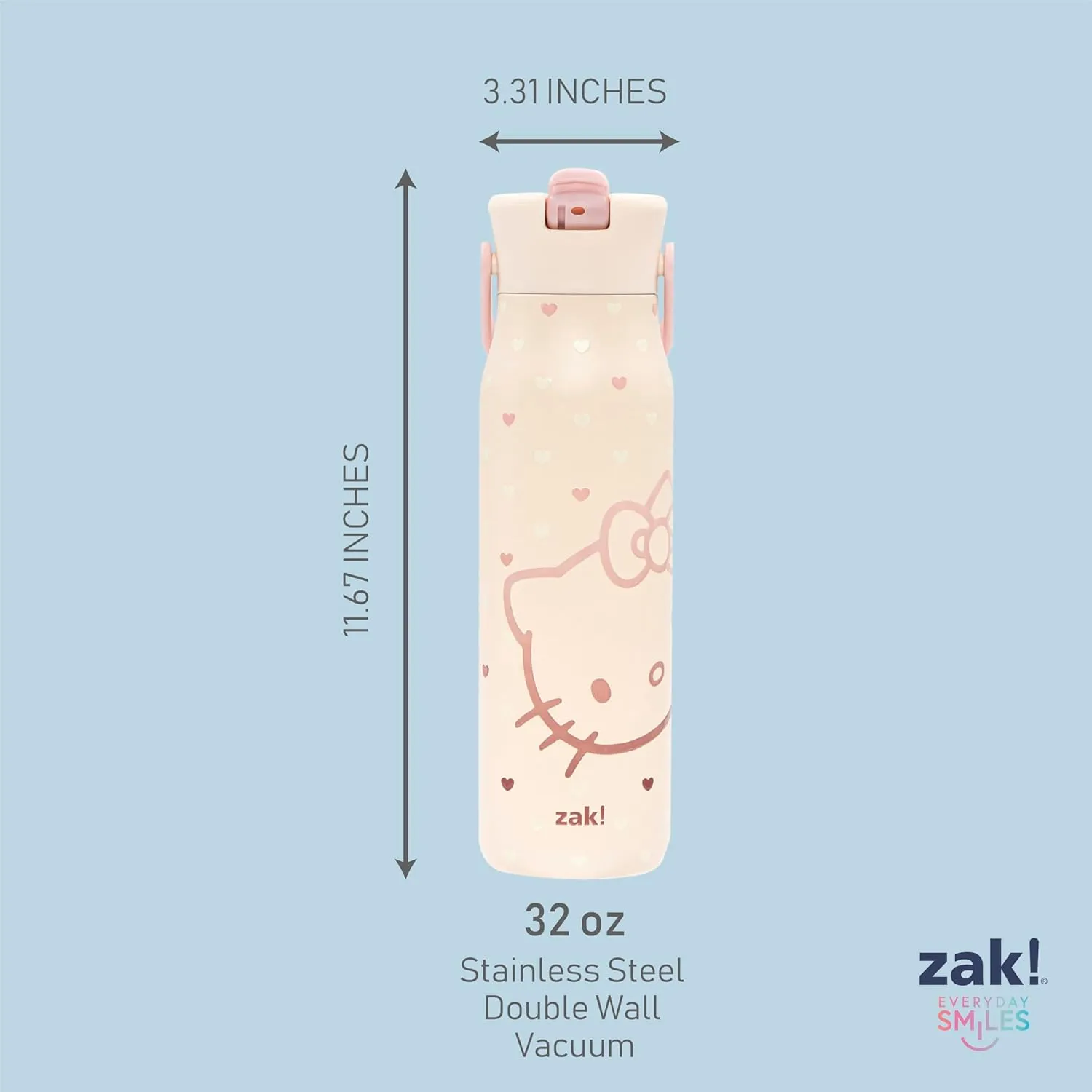 Zak Designs Sanrio Harmony Water Bottle for Travel or At Home, 32oz Stainless Steel is Leak-Proof When Closed and Vacuum Insulated with Straw Lid and Carry Handle (Hello Kitty)