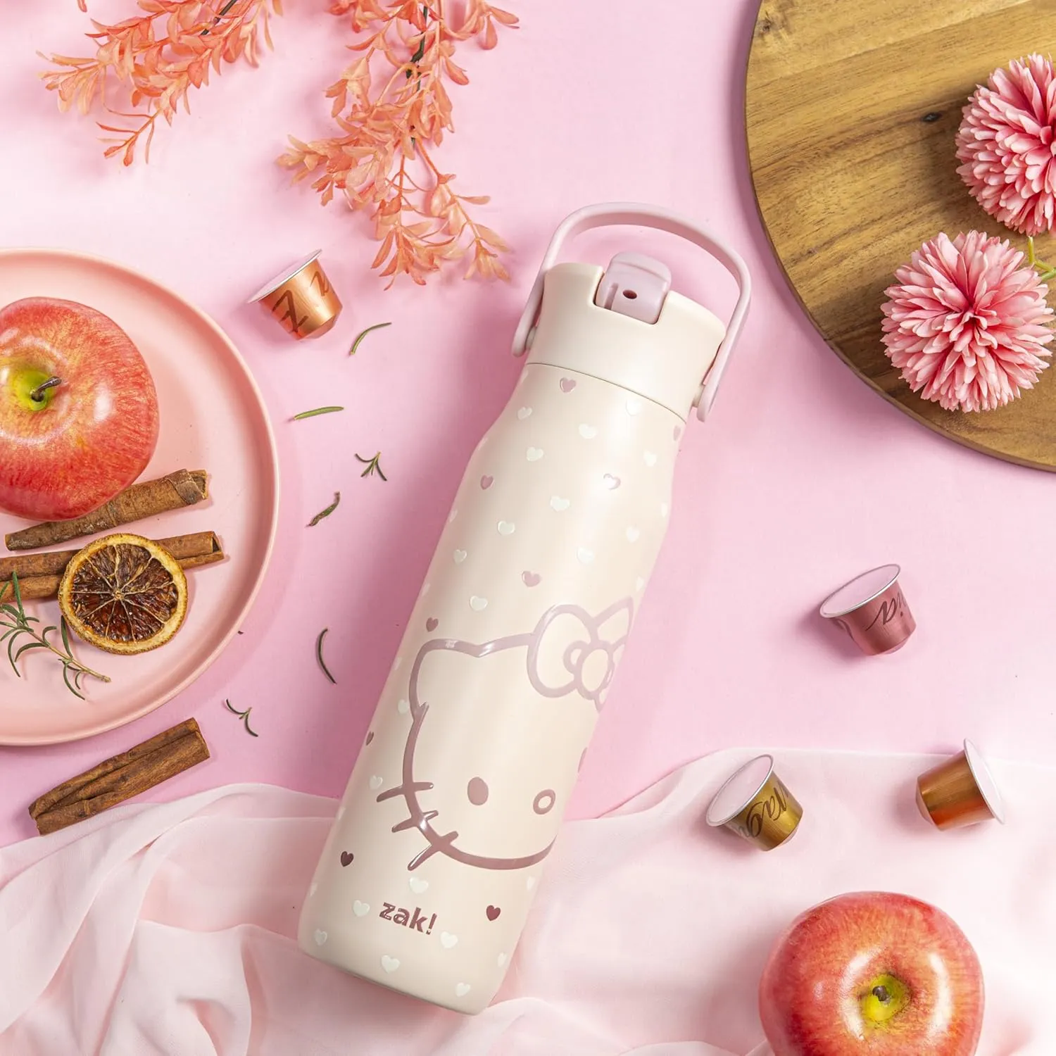 Zak Designs Sanrio Harmony Water Bottle for Travel or At Home, 32oz Stainless Steel is Leak-Proof When Closed and Vacuum Insulated with Straw Lid and Carry Handle (Hello Kitty)