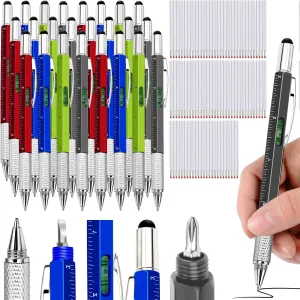 Zhanmai 72 Pcs Gift Multi-tool Pen 6 in 1 Multifunction Tactical Pen with Level Gauge Ruler, Screwdriver, Stylus & 80 Replacement Refills, Unique Birthday Gifts for Men (Red,Green,Blue,G,Gray)
