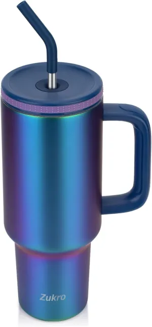 Zukro 40 oz Triple Insulated Tumbler with Handle and Straw Lid - Stainless Steel Cup Travel Mug Fits in Cupholder - No Sweat Water Bottle Keeps Drinks Cold 30 Hours - Dishwasher Safe - Aurora
