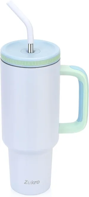 Zukro 40 oz Triple Insulated Tumbler with Handle and Straw Lid - Stainless Steel Cup Travel Mug Fits in Cupholder - No Sweat Water Bottle Keeps Drinks Cold 30 Hours - Dishwasher Safe -Fog