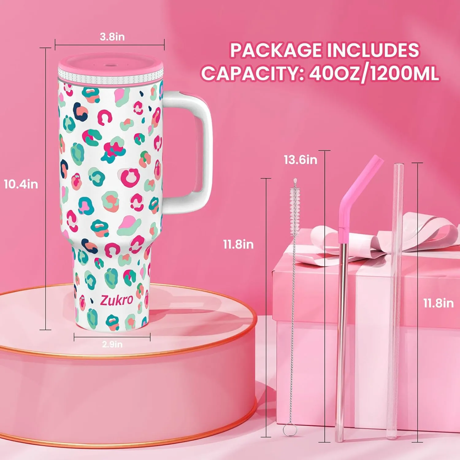 Zukro 40 oz Triple Insulated Tumbler with Handle and Straw Lid - Stainless Steel Cup Travel Mug Fits in Cupholder - No Sweat Water Bottle Keeps Drinks Cold 30 Hours - Dishwasher Safe -Fog
