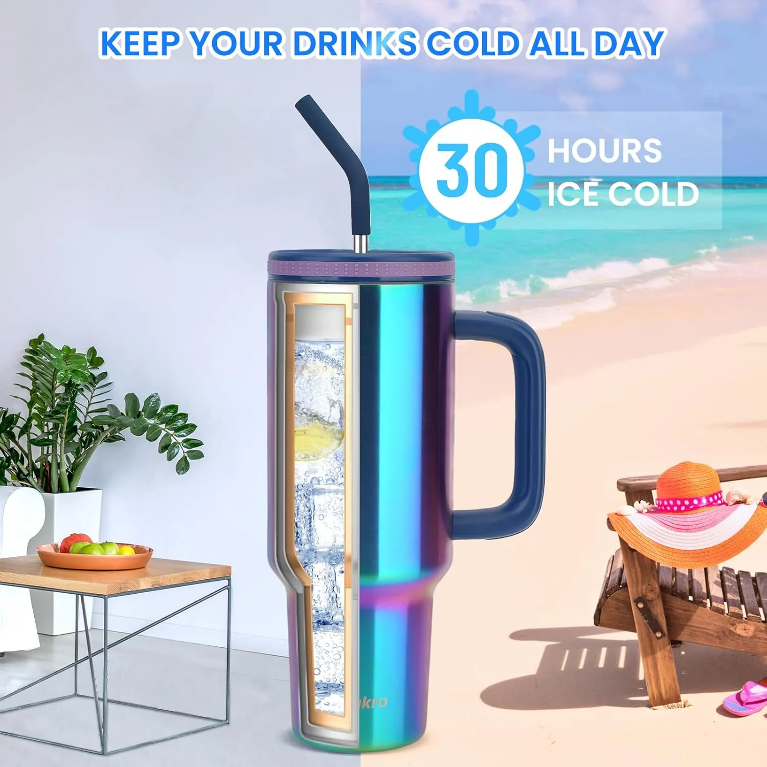 Zukro 40 oz Triple Insulated Tumbler with Handle and Straw Lid - Stainless Steel Cup Travel Mug Fits in Cupholder - No Sweat Water Bottle Keeps Drinks Cold 30 Hours - Dishwasher Safe -Fog