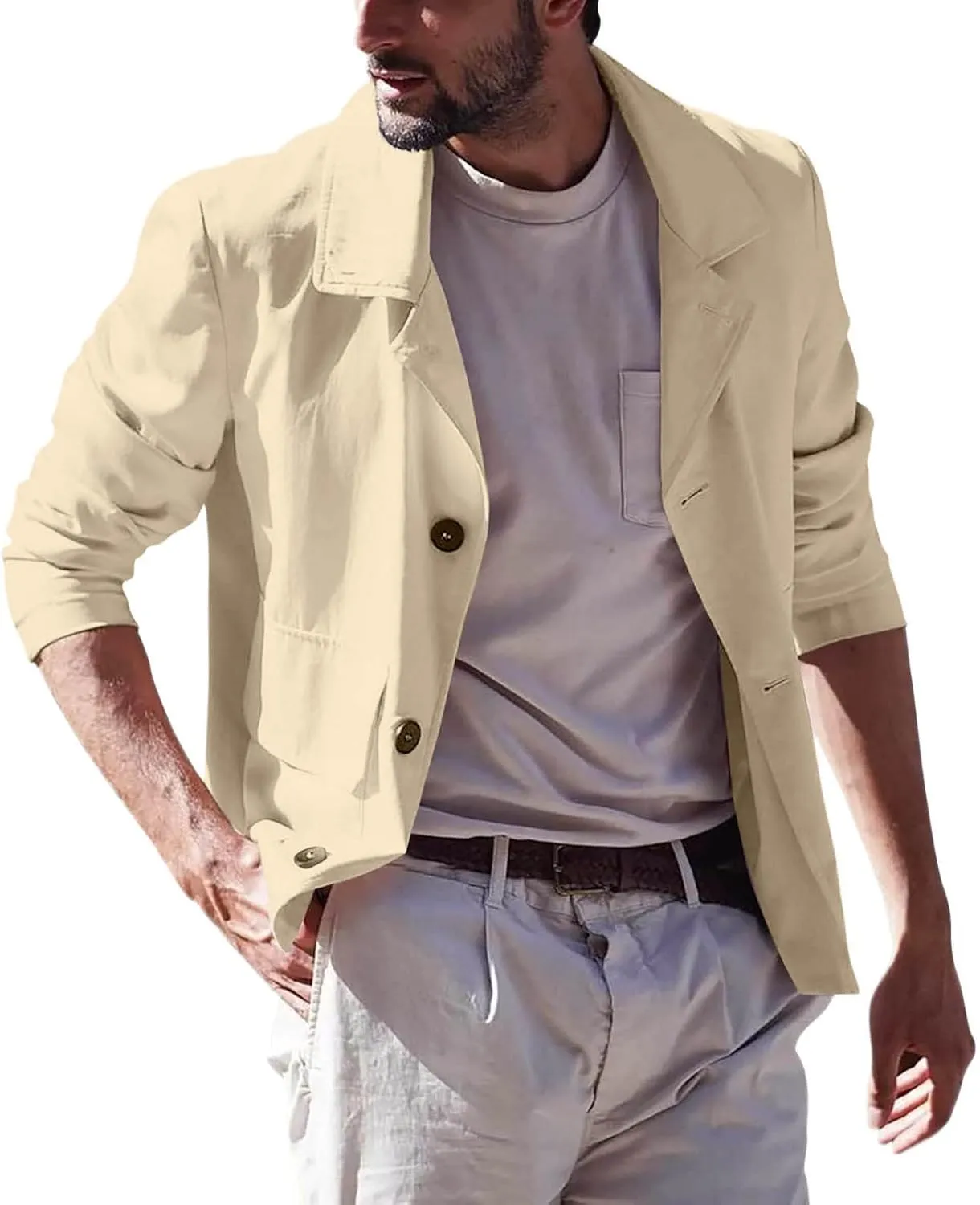 ZYXTIM Men's Lightweight Casual Cropped Canvas Windproof Jacket Coat Loose Fit Button Down Lapel Solid Cardigan Coat