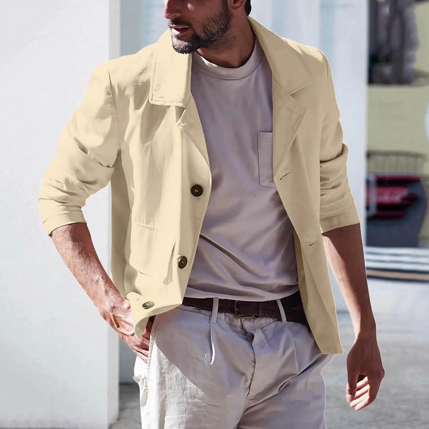 ZYXTIM Men's Lightweight Casual Cropped Canvas Windproof Jacket Coat Loose Fit Button Down Lapel Solid Cardigan Coat